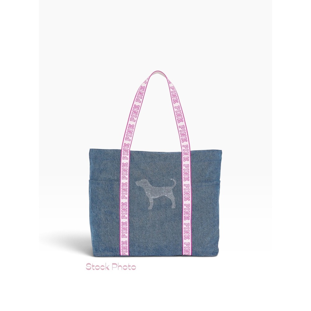 New Victoria's Secret PINK Tote Bag Womens OS Blue Denim Rhinestone Dog Logo
